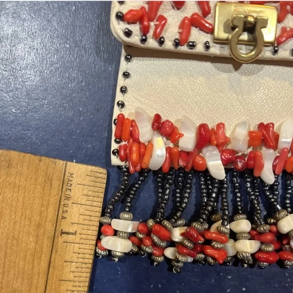 SALVATORE FERRAGAMO Vintage Coral Bead & White Leather Coin Purse +Chain RARE - Picture 13 of 13